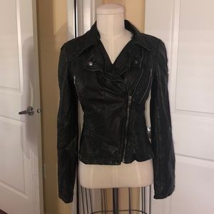 Vegan leather moto jacket with detachable hood